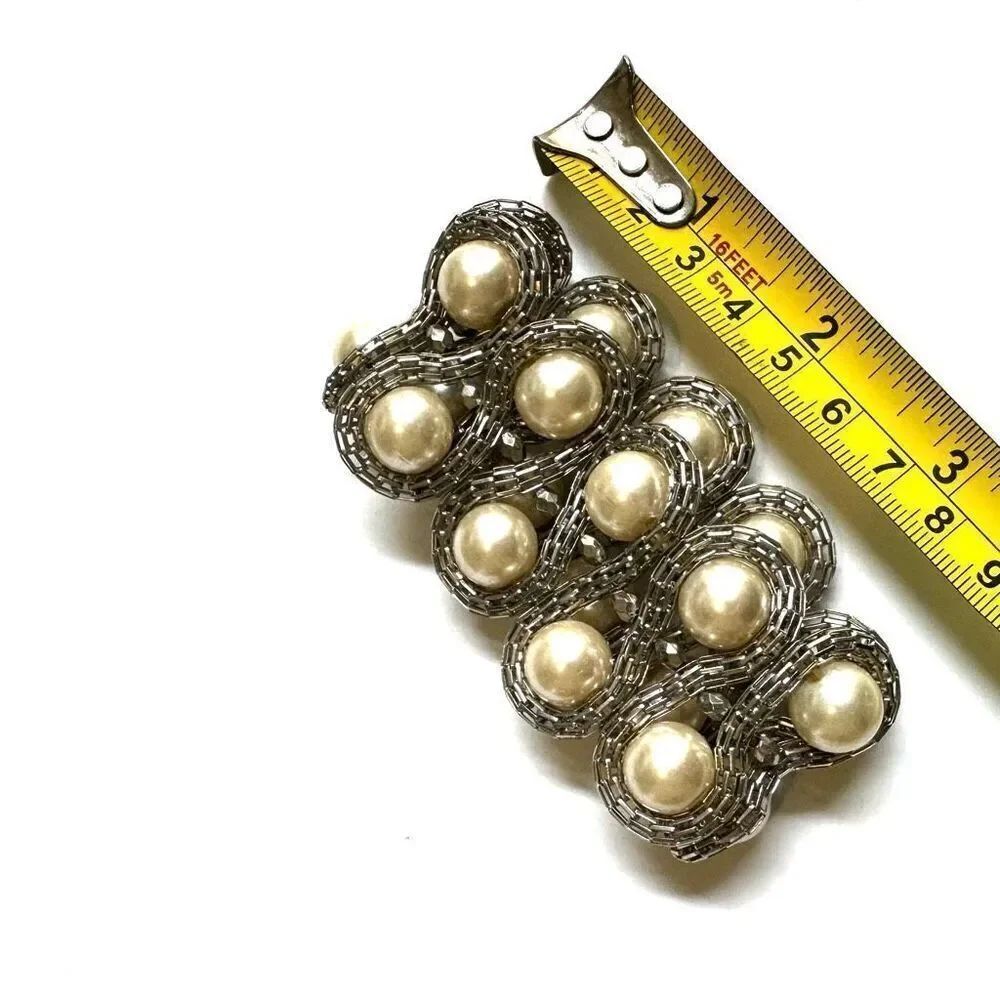 Silver tone faux pearl wide stretchy bracelet - Picture 7 of 9